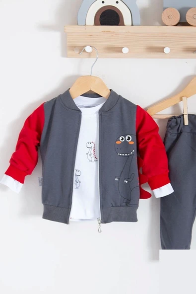 Dinazor Desenli Hırkalı 3'lü Erkek Bebek Takım - Resim 2