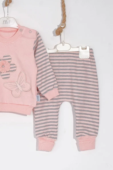 Kelebekli Çiçek Nakışlı Pamuklu 2'li Kız Bebek Takımı - Resim 3