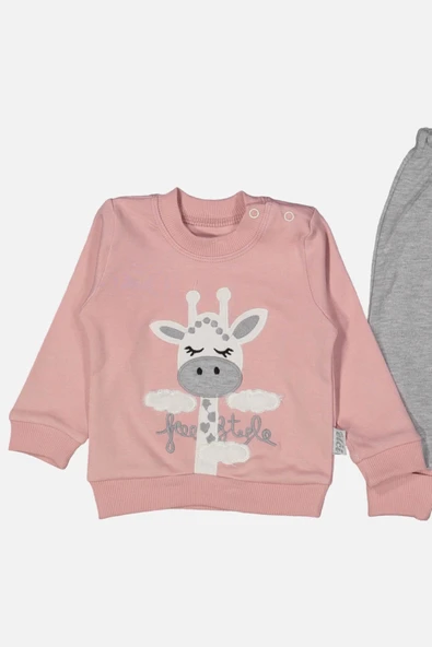 Zürafa Nakışlı % 100 Pamuk Kız Bebek Takımı - Resim 2