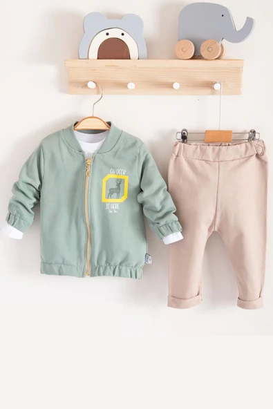 Geyik Desenli Hırkalı 3'lü Erkek Bebek Takım ürün görseli 1