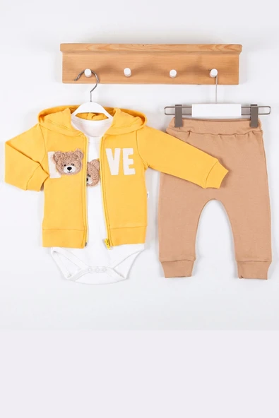 Love Bear Nakışlı % 100 Pamuk Hırkalı 3'lü Erkek Takım ürün görseli 1