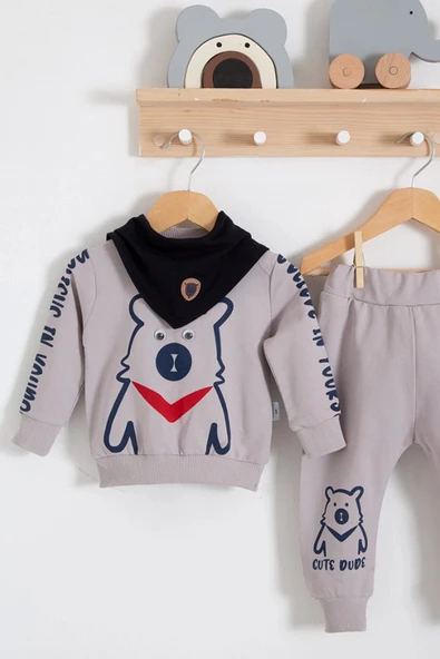 Oynar Gözlü Fularlı 3'lü Erkek Bebek Takımı - Resim 2