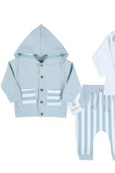 Ayıcık Nakışlı Hırkalı % 100 Pamuk Erkek Bebek Takım - Resim 2