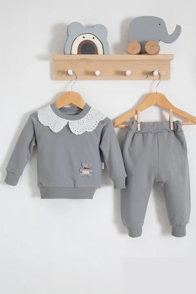 Dantel Yakalı Pamuklu 2'li Kız Bebek Takımı