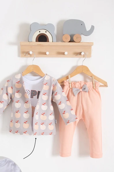 Elma Desenli Ceketli 3'lü Kız Bebek Takımı - 3