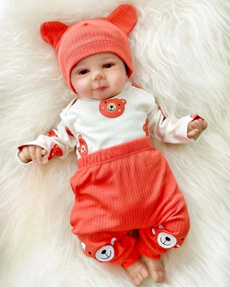 Kulaklı Ayıcık % 100 Pamuk 3'lü Erkek Bebek Takım