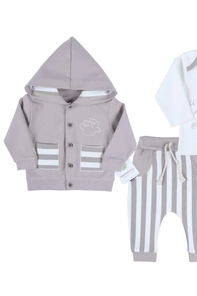 Ayıcık Nakışlı Hırkalı % 100 Pamuk Erkek Bebek Takım - 2