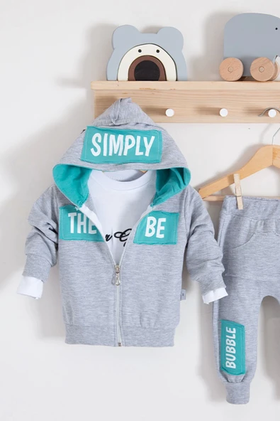 Simply Desenli Kapişonlu 3'lü Erkek Bebek Takımı - 2