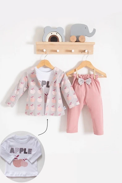 Elma Desenli Ceketli 3'lü Kız Bebek Takımı ürün görseli 1