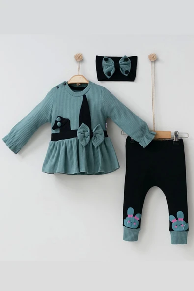 Tavşan Kulaklı Fiyonk Desenli Bandanalı Kız Bebek Takımı