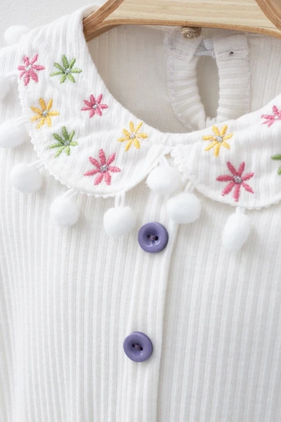 Çiçek Nakışlı Düşmeli Bandanalı Kız Bebek Takımı - 2