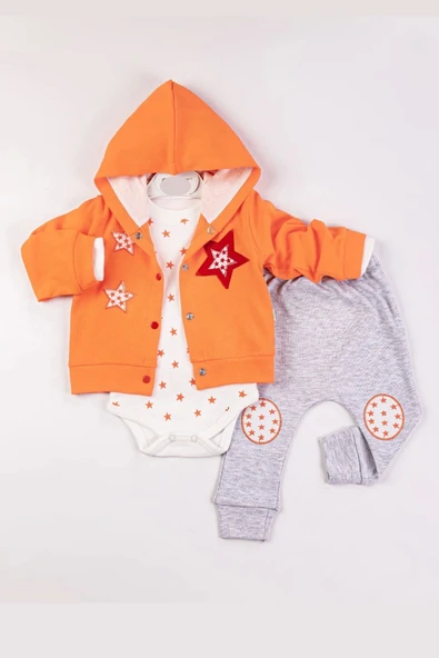 Yıldız Nakışlı Kapişonlu Kız Bebek Takımı ürün görseli 1