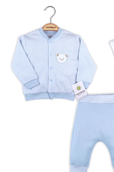 Çizgili Bear Hırkalı % 100 Pamuk Erkek Bebek Takım - Resim 2