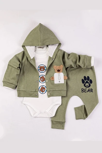 Bear Nakışlı Kapişonlu Erkek Bebek Takım