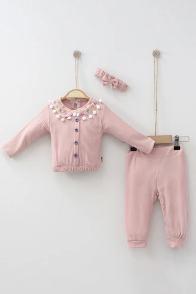 Çiçek Nakışlı Düşmeli Bandanalı Kız Bebek Takımı ürün görseli 1