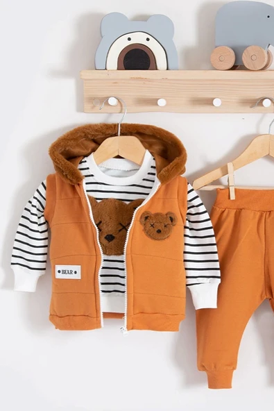 Peluş Ayıcık Desenli Kapişonlu 3'lü Erkek Bebek Takımı - Resim 2