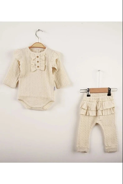 Büzgü Detaylı Fırfırlı % 100 Pamuk 2'li Kız Bebek Takımı - Resim 2