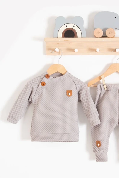 Jakarlı Omuzdan Düğmeli 2'li Erkek Bebek Takımı - 2