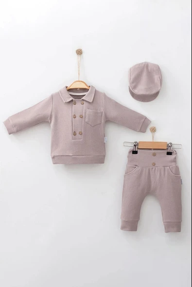 Düğmeli Lüx % 100 Pamuk Şapkalı 3'lü Erkek Bebek Takım - Resim 2