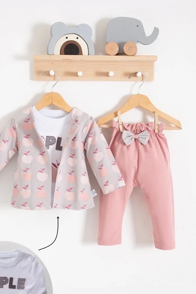 Elma Desenli Ceketli 3'lü Kız Bebek Takımı - Resim 3