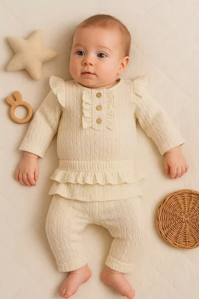 Büzgü Detaylı Fırfırlı % 100 Pamuk 2'li Kız Bebek Takımı ürün görseli 1