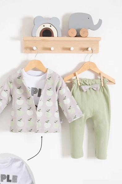 Elma Desenli Ceketli 3'lü Kız Bebek Takımı - Resim 3