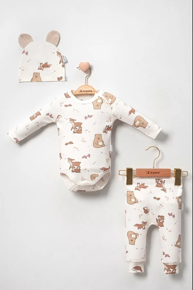 Karaca Desenli % 100 Pamuk 3'lü Şapkalı Erkek Bebek Takım - Resim 2