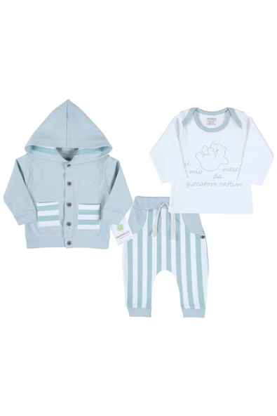 Ayıcık Nakışlı Hırkalı % 100 Pamuk Erkek Bebek Takım ürün görseli 1