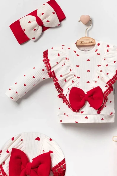 Fiyonklu Kalp Desenli % 100 Pamuk 3'lü Kız Takım - Resim 5