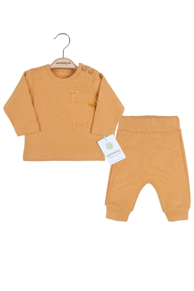 Zürafa Cep Nakışlı Omuzdan Düğmeli % 100 Pamuk Erkek Bebek Takım ürün görseli 1