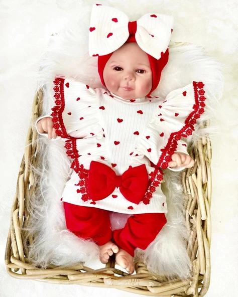 Fiyonklu Kalp Desenli % 100 Pamuk 3'lü Kız Takım - Resim 2