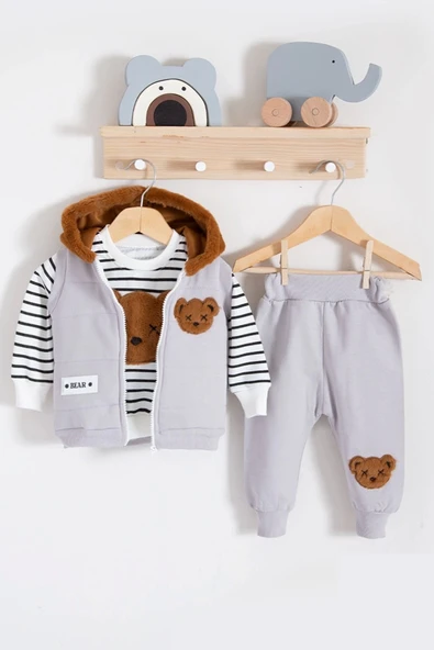 Peluş Ayıcık Desenli Kapişonlu 3'lü Erkek Bebek Takımı ürün görseli 1
