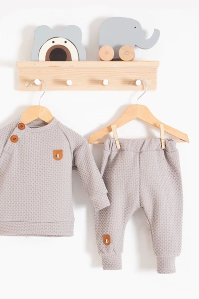 Jakarlı Omuzdan Düğmeli 2'li Erkek Bebek Takımı - 3