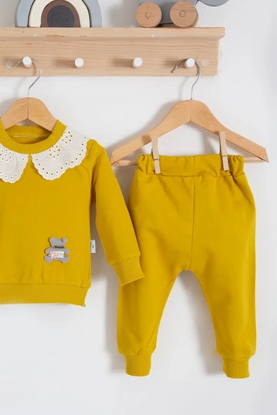 Dantel Yakalı Pamuklu 2'li Kız Bebek Takımı - Resim 3