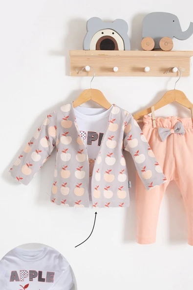 Elma Desenli Ceketli 3'lü Kız Bebek Takımı - 2