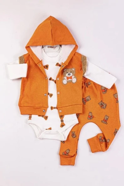 Bear Nakışlı Yelekli 3'lü Erkek Bebek Takımı - 2