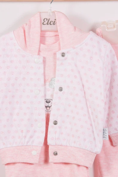 Puan Desenli Kapişonlu % 100 Pamuk 3'lü Kız Bebek Takım - Resim 3