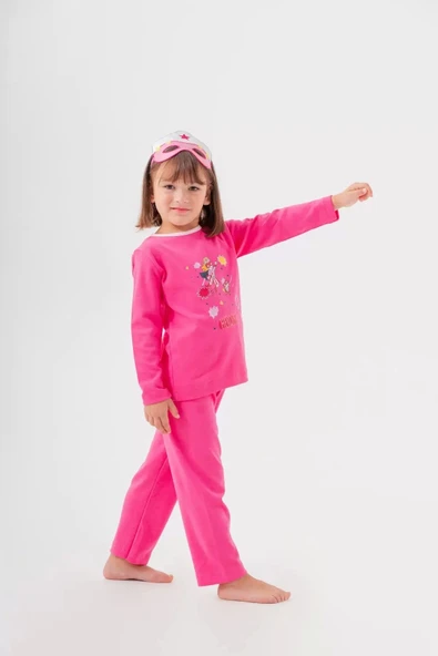 Heroıne Desenli Çanta ve Maskeli % 100 Pamuk Kız Çocuk Pijama Takımı - 2