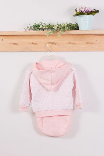 Puan Desenli Kapişonlu % 100 Pamuk 3'lü Kız Bebek Takım - Resim 2