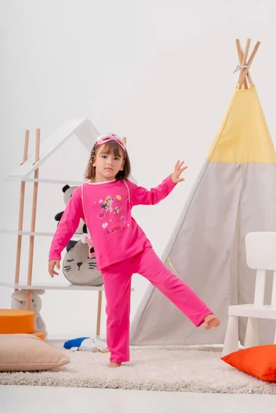 Heroıne Desenli Çanta ve Maskeli % 100 Pamuk Kız Çocuk Pijama Takımı - 3