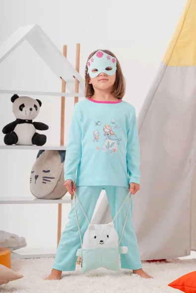 Deniz Kızı Desenli Çanta ve Maskeli % 100 Pamuk Kız Çocuk Pijama Takımı - 2