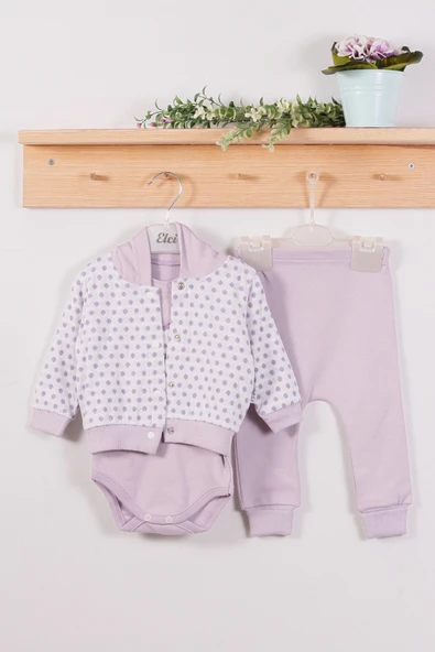 Puan Desenli Kapişonlu % 100 Pamuk 3'lü Kız Bebek Takım - 3