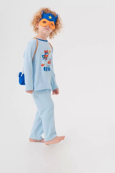 Süper Heros Çanta ve Maskeli % 100 Pamuk Erkek Çocuk Pijama Takımı - 8