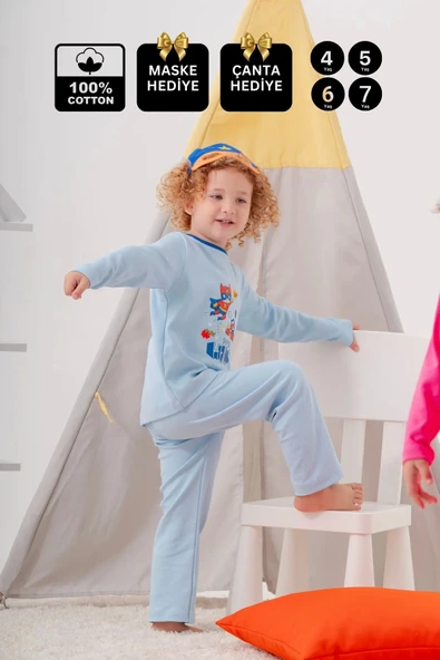 Süper Heros Çanta ve Maskeli % 100 Pamuk Erkek Çocuk Pijama Takımı