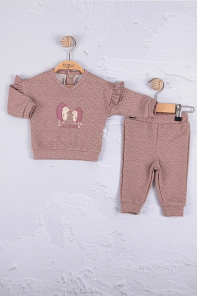 Kirpi Nakışlı % 100 Pamuk 2'li Kız Bebek Takım
