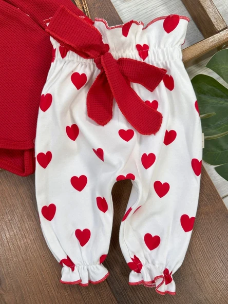 Kalp Baskılı Bandanalı 3'Lü Lüx Waffle Kız Bebek Takım - 3