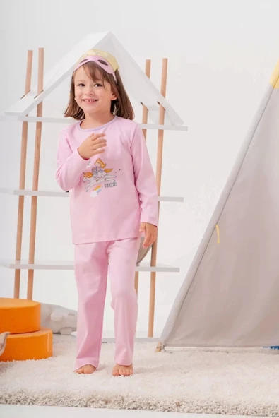 Unicorn Desenli Çanta ve Maskeli % 100 Pamuk Kız Çocuk Pijama Takımı - 4