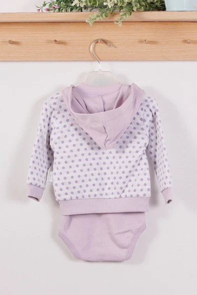 Puan Desenli Kapişonlu % 100 Pamuk 3'lü Kız Bebek Takım - 2