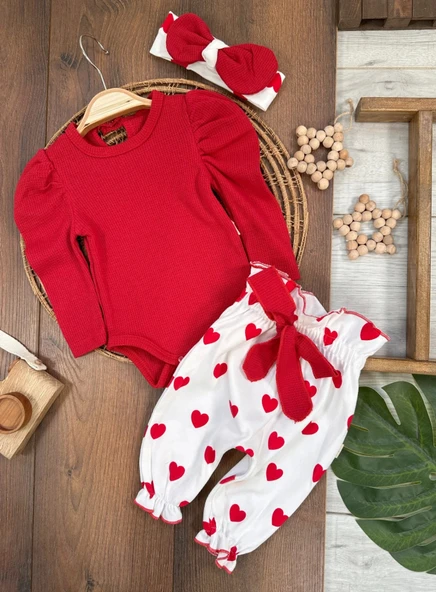 Kalp Baskılı Bandanalı 3'Lü Lüx Waffle Kız Bebek Takım