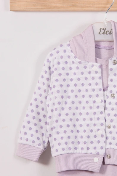 Puan Desenli Kapişonlu % 100 Pamuk 3'lü Kız Bebek Takım - 4